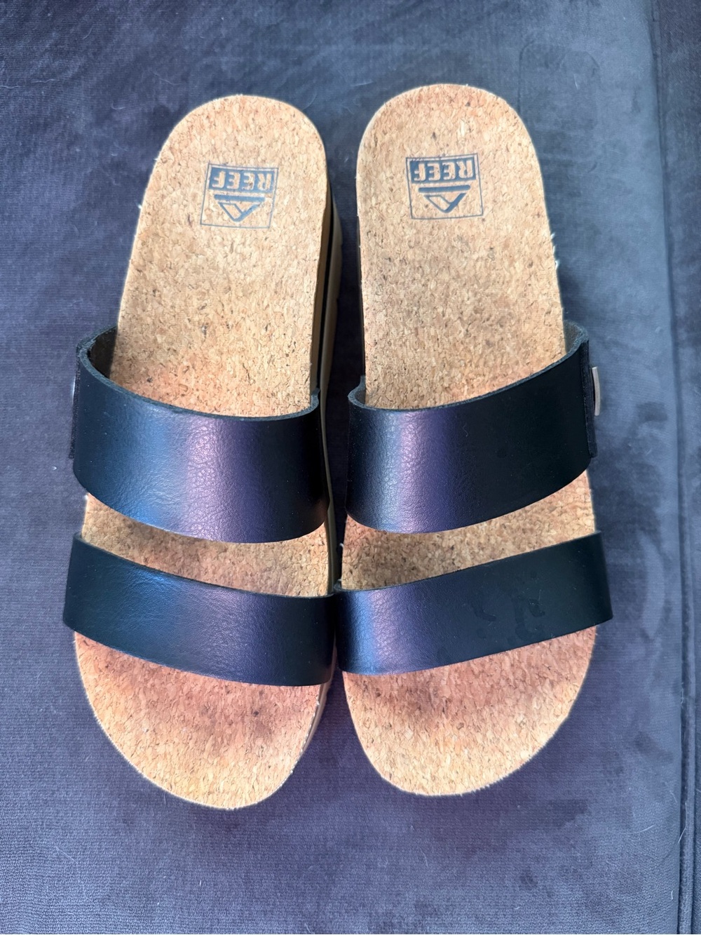 Reef Black Double-Strap Cork Slide Sandals